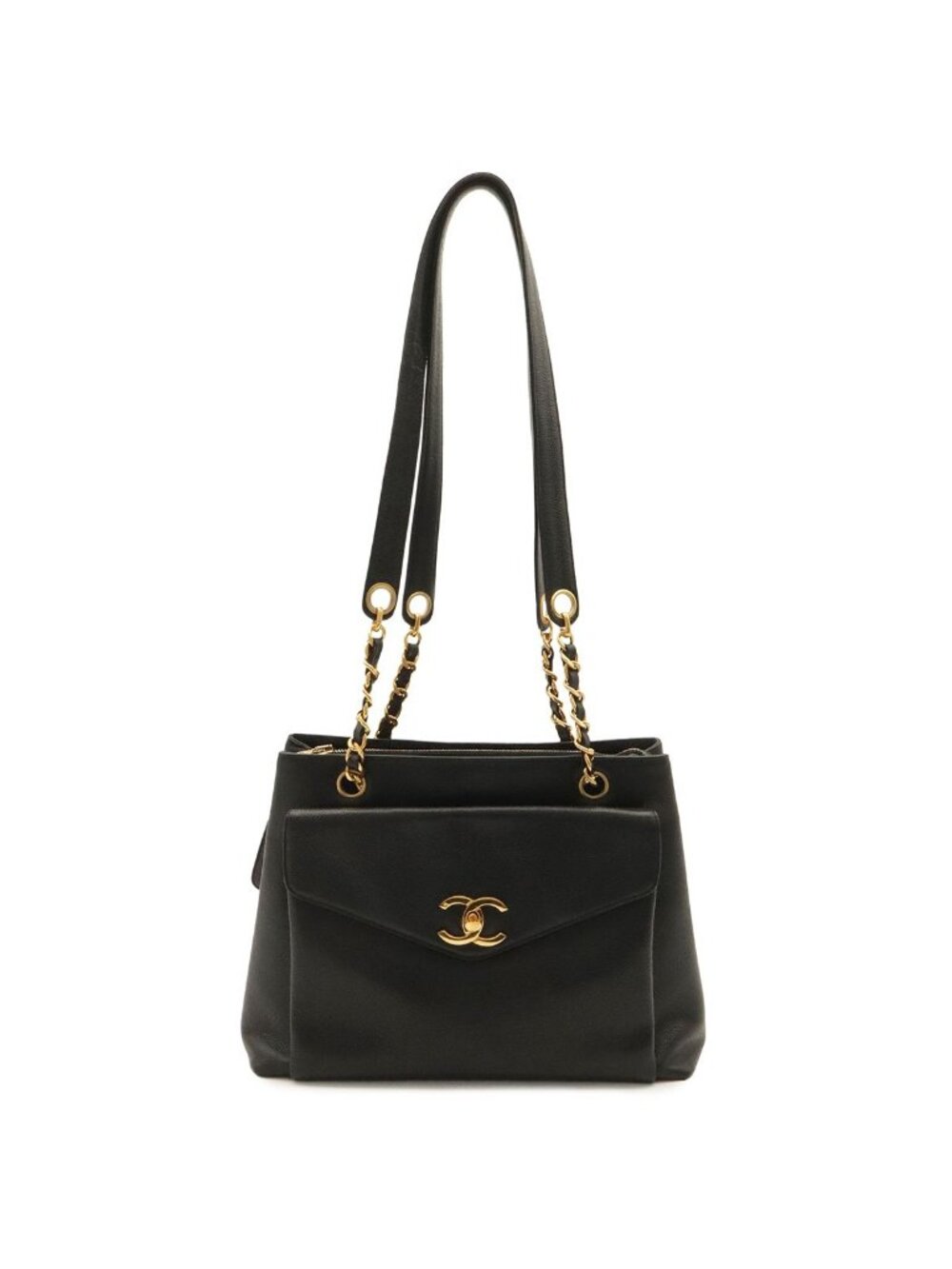 Chanel CC Logo Tote Chain Shoulder Bag Caviar Leather Black Gold